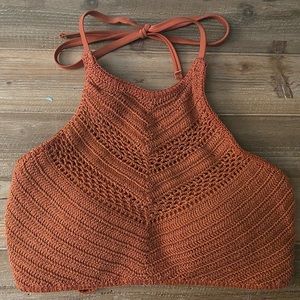 Crochet Swim Bikini Halter Tie Top and Bottom in Rust/Orange